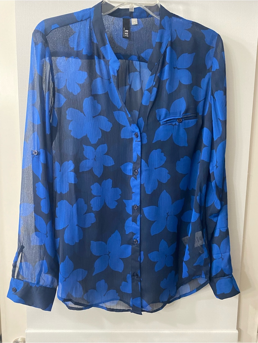 Kut from the Kloth Blue Floral Sheer Button-Down Shirt